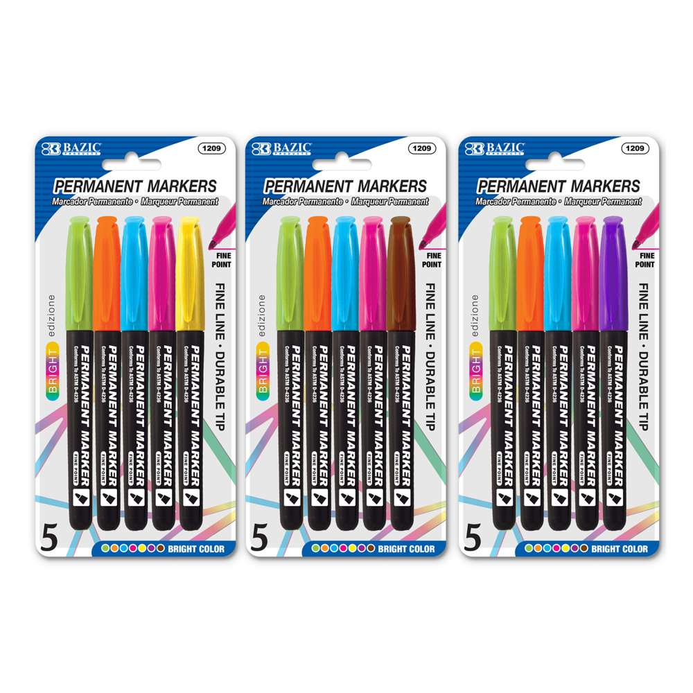 BAZIC PERMANENT MARKER FINE POINT ASSORTED COLOR 5/PK