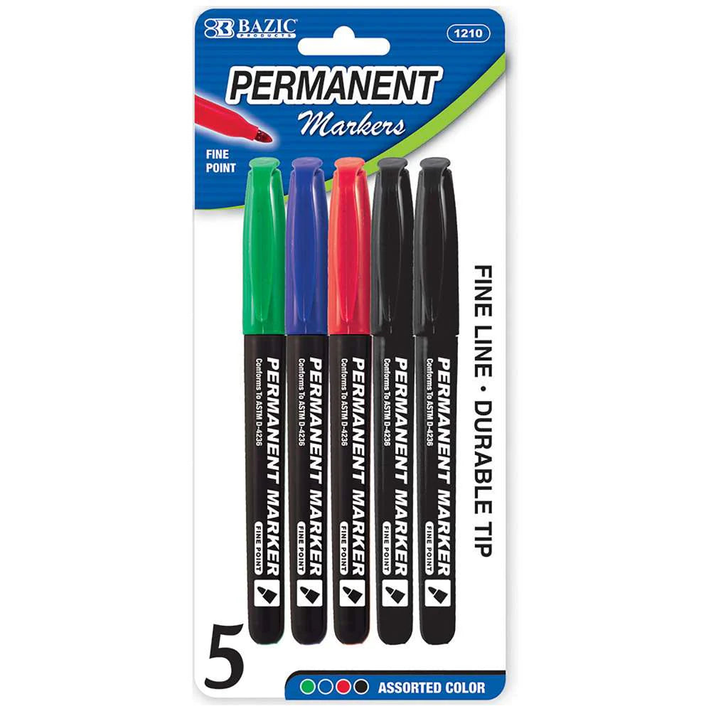 BAZIC PERMANENT MARKER ASSORTED 5PK