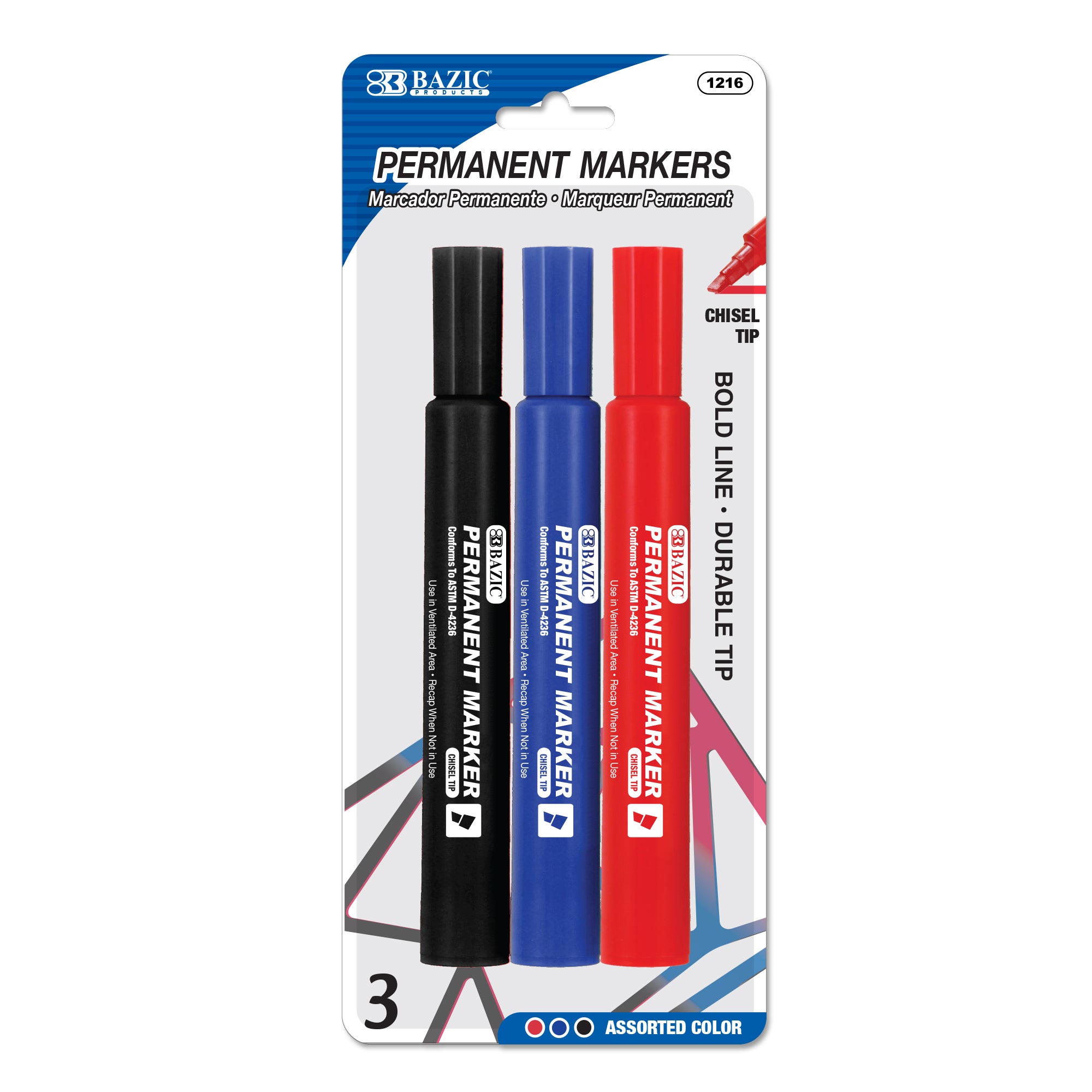 BAZIC PERMANENT MARKER ASSORTED 3PK
