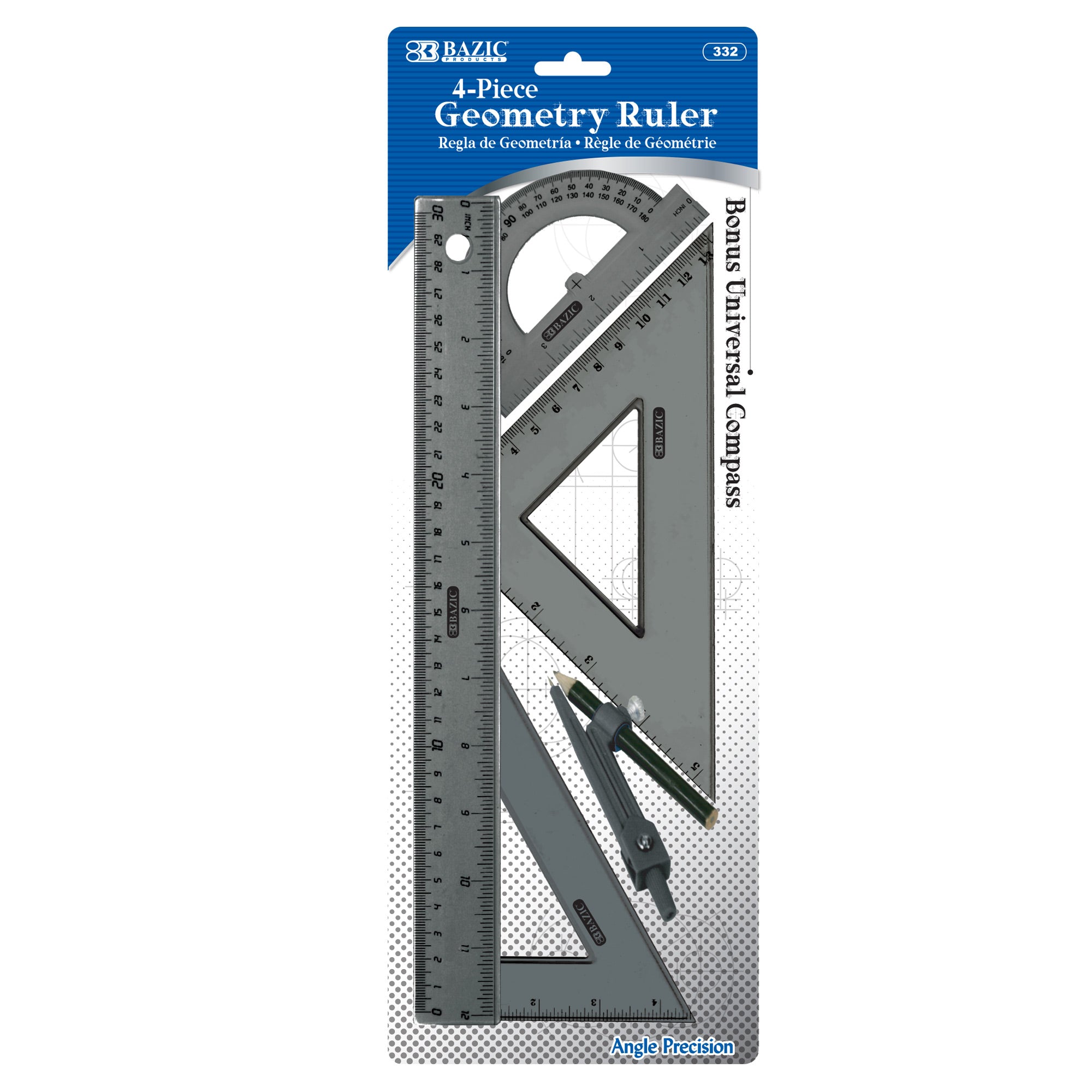 BAZIC 4 PIECE GEOMETRY RULER COMBINATION SETS W/ COMPASS (332)