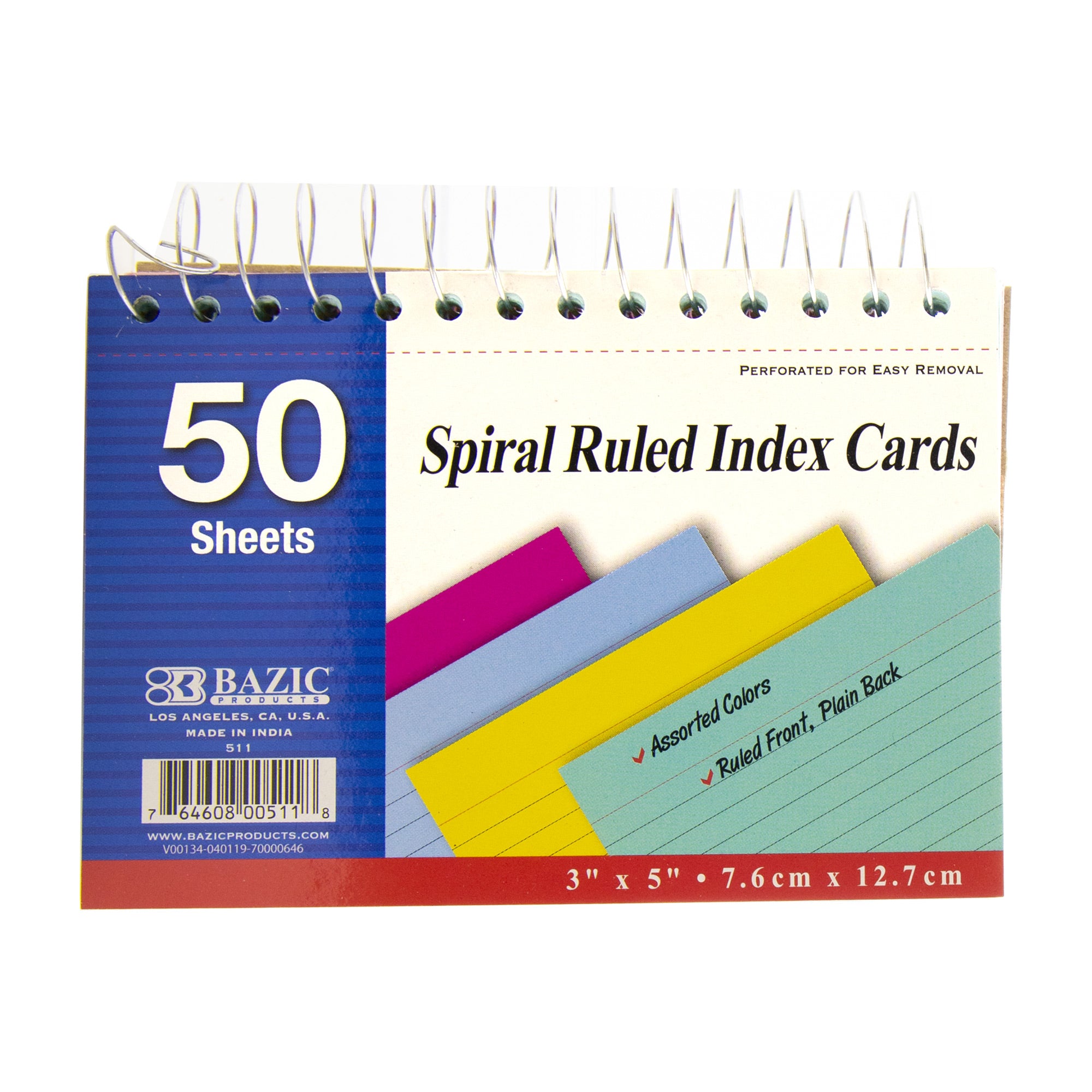 RULED COLORED INDEX CARD SPIRAL BOUND 3" X 5" 50 CT