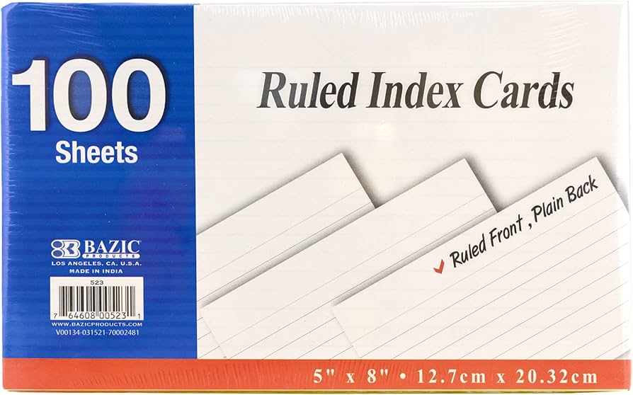 BAZIC RULED INDEX CARD WHITE 5" X 8" (100 PACK)