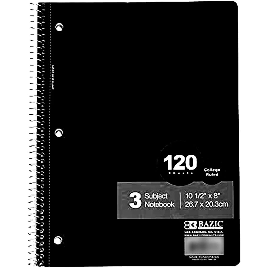 BAZIC 3 SUBJECT NOTEBOOK 10.5" * 8" WIDE RULED