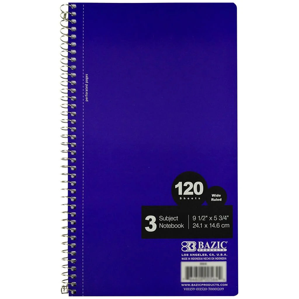 BAZIC 3 SUBJECT NOTEBOOK 9 1/2 * 5 3/4" WIDE RULED
