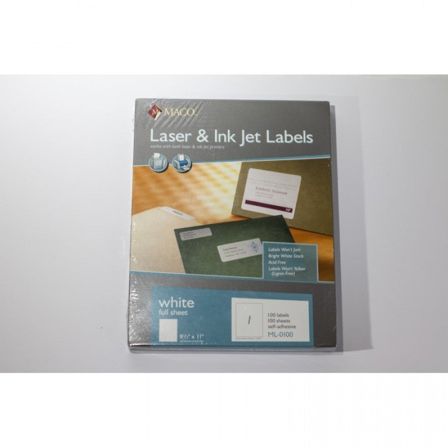 MACOLASER INK JET LABELS,8½" X 11", WHITE, 100 LABELS